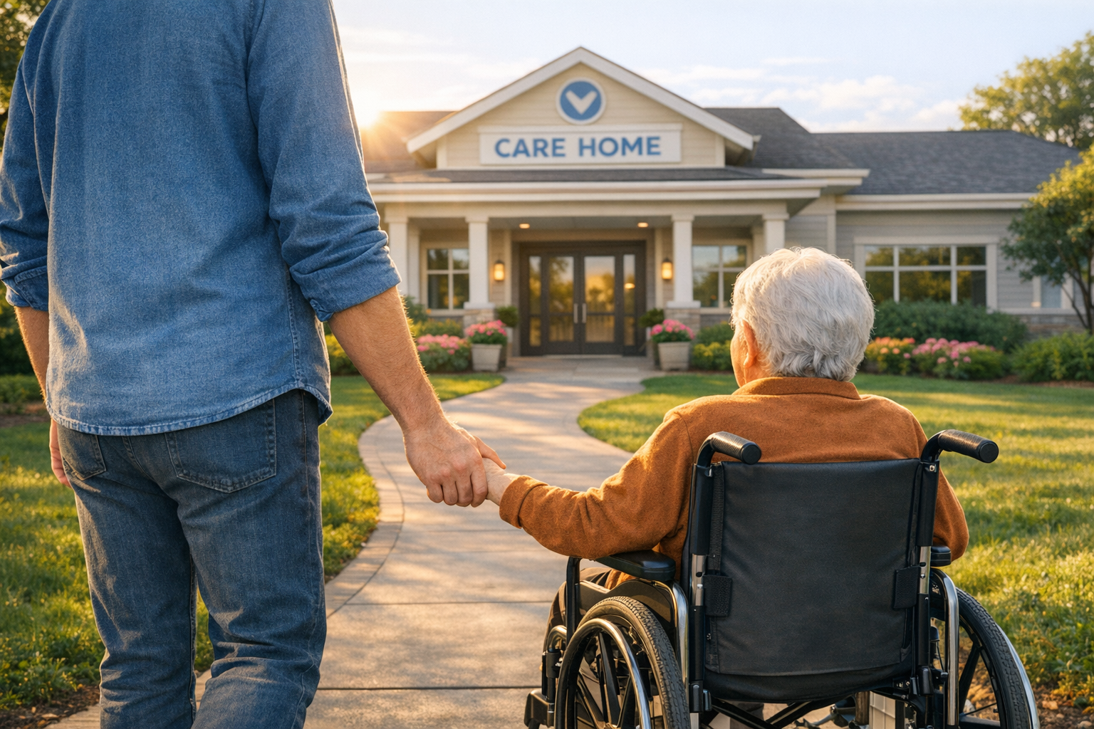 Caregiver holding elderly person's hand walking towards a care home